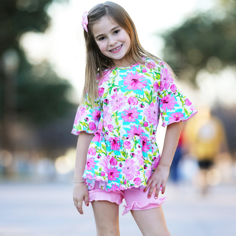 AnnLoren Little & Big Girls 3/4 Angel Sleeve Spring Floral Cotton Knit Ruffle Shirt-3