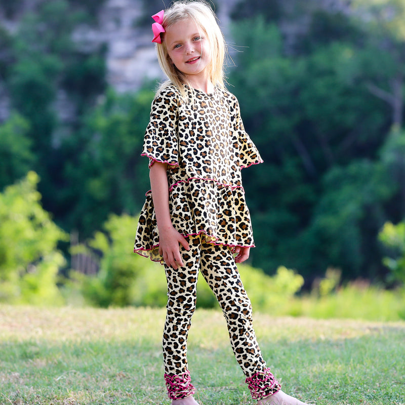 AnnLoren Little & Big Girls 3/4 Angel Sleeve Leopard Cotton Knit Ruffle Shirt-6