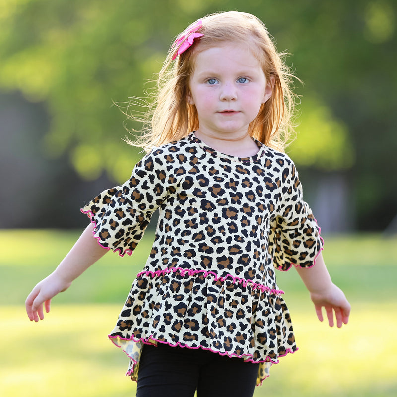 AnnLoren Little & Big Girls 3/4 Angel Sleeve Leopard Cotton Knit Ruffle Shirt-1