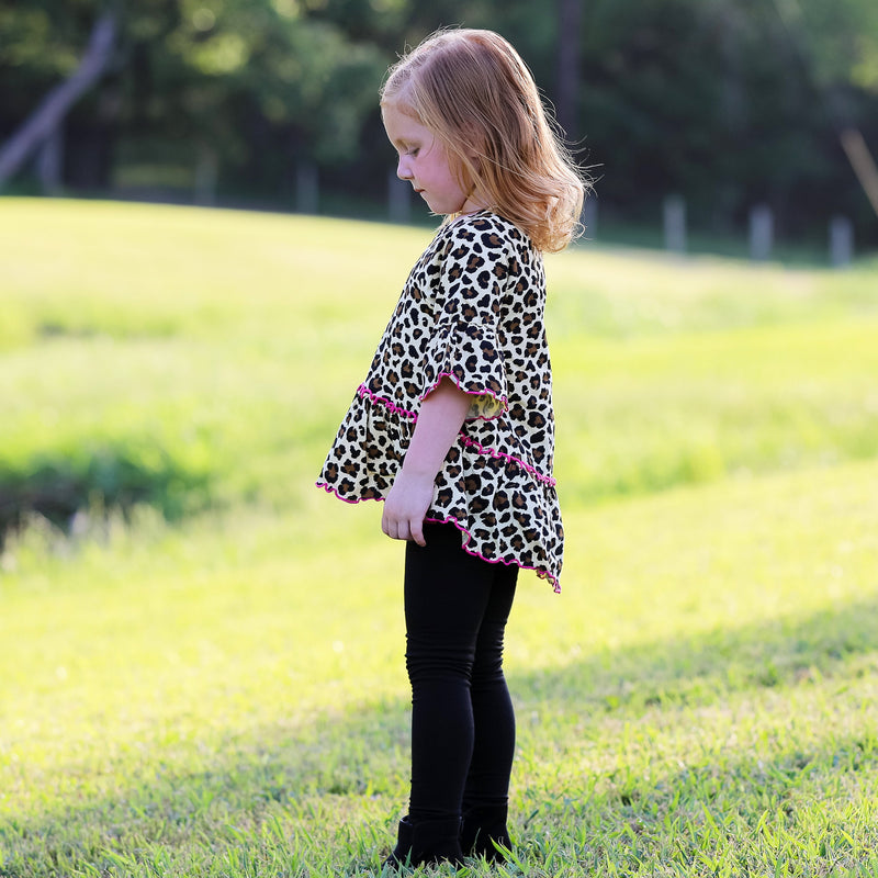 AnnLoren Little & Big Girls 3/4 Angel Sleeve Leopard Cotton Knit Ruffle Shirt-5