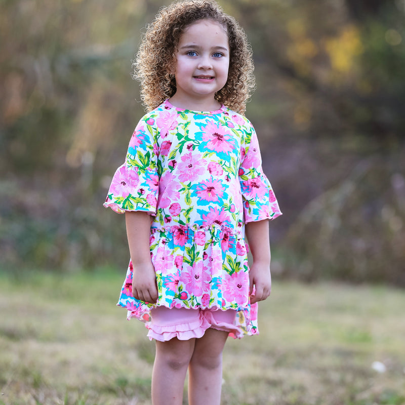 AnnLoren Little & Big Girls 3/4 Angel Sleeve Spring Floral Cotton Knit Ruffle Shirt-2