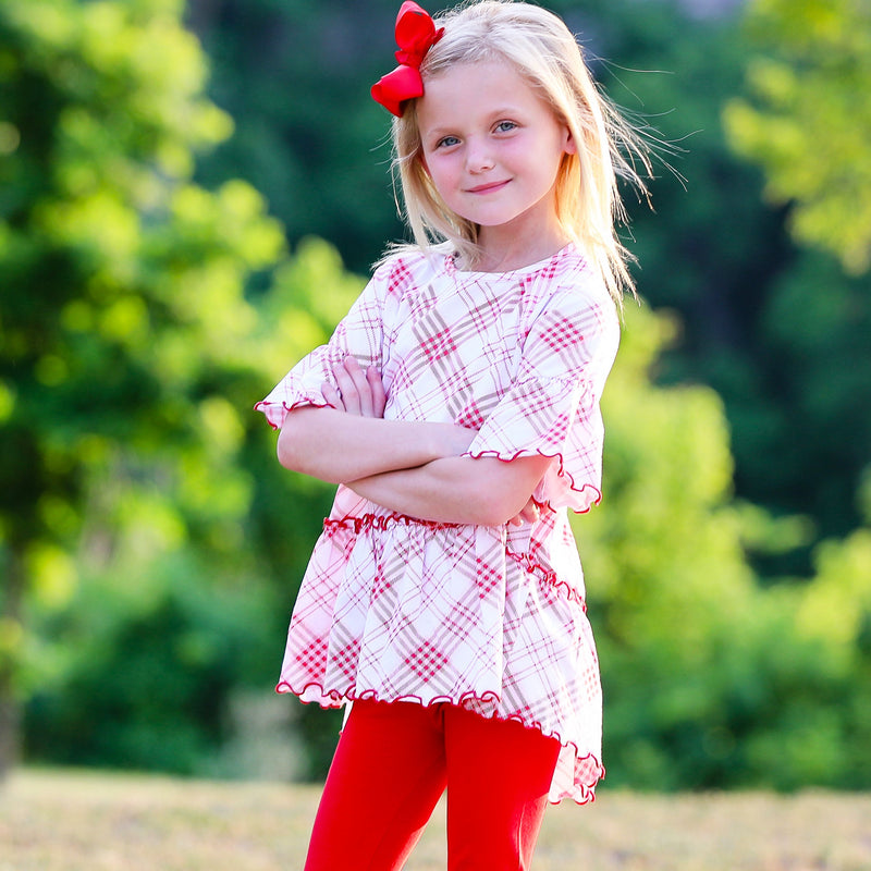 AnnLoren Little & Big Girls 3/4 Angel Sleeve Red Plaid Cotton Knit Ruffle Shirt-4