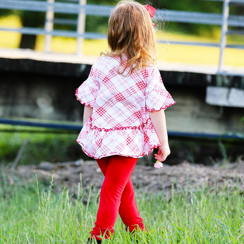 AnnLoren Little & Big Girls 3/4 Angel Sleeve Red Plaid Cotton Knit Ruffle Shirt-5