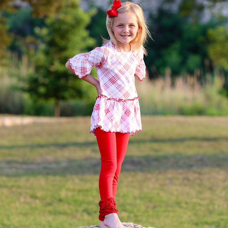 AnnLoren Little & Big Girls 3/4 Angel Sleeve Red Plaid Cotton Knit Ruffle Shirt-6