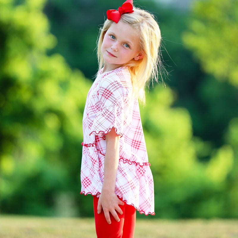 AnnLoren Little & Big Girls 3/4 Angel Sleeve Red Plaid Cotton Knit Ruffle Shirt-3