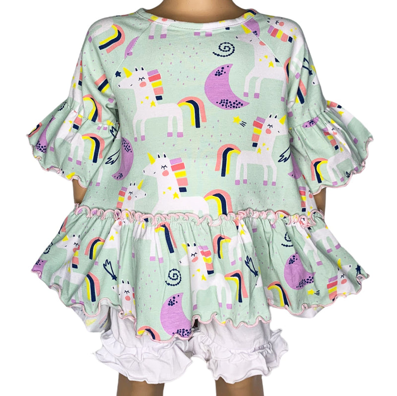 AnnLoren Little & Big Girls 3/4 Angel Sleeve Unicorn Cotton Knit Ruffle Shirt-0