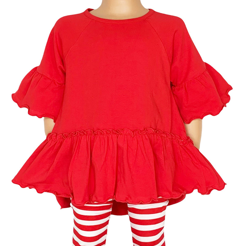 AnnLoren Little & Big Girls 3/4 Angel Sleeve Red Cotton Knit Ruffle Shirt-0