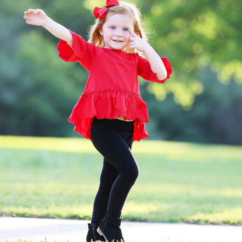 AnnLoren Little & Big Girls 3/4 Angel Sleeve Red Cotton Knit Ruffle Shirt-3