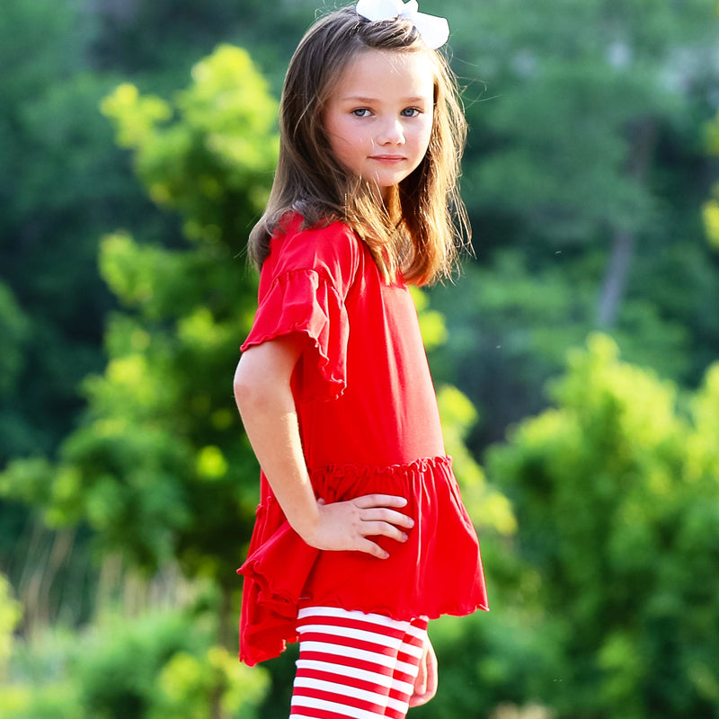 AnnLoren Little & Big Girls 3/4 Angel Sleeve Red Cotton Knit Ruffle Shirt-4