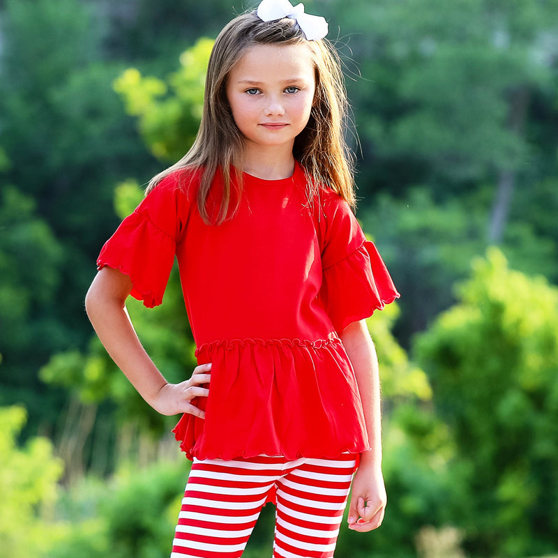 AnnLoren Little & Big Girls 3/4 Angel Sleeve Red Cotton Knit Ruffle Shirt-2