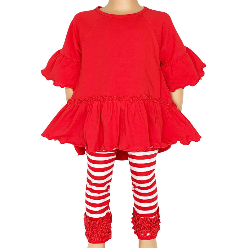 AnnLoren Little & Big Girls 3/4 Angel Sleeve Red Cotton Knit Ruffle Shirt-6