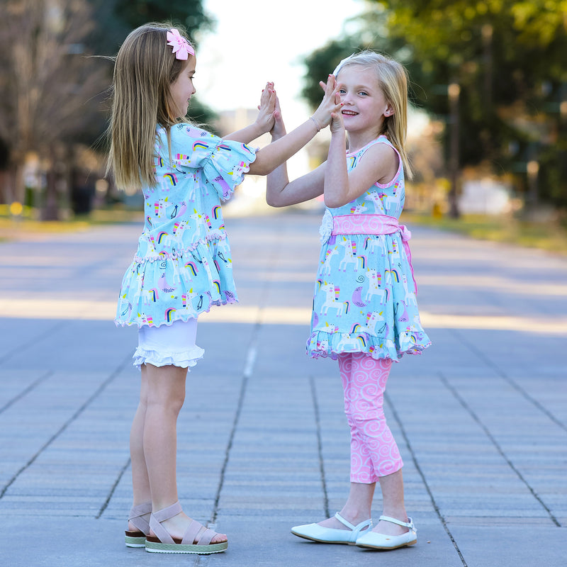 AnnLoren Little & Big Girls Unicorns Rainbow Dress & Pink Swirl Leggings Outfit-8