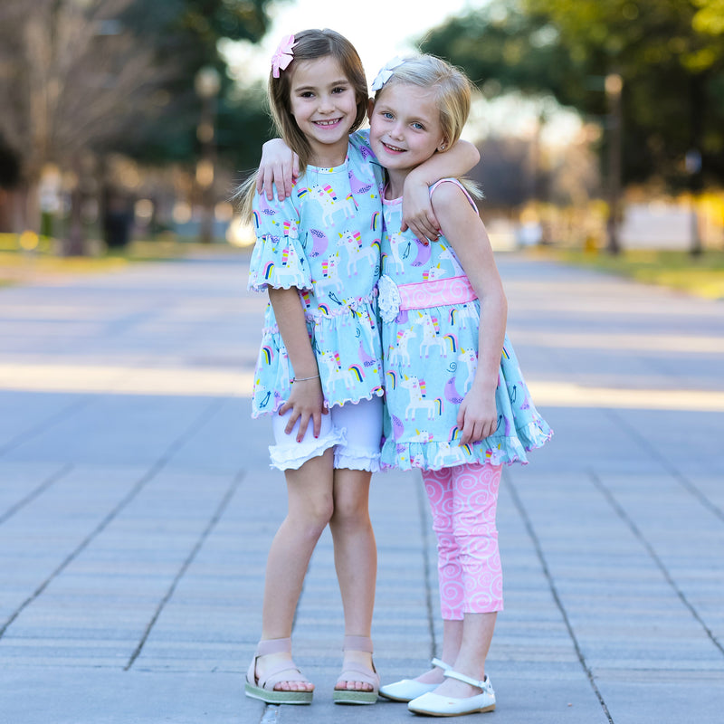 AnnLoren Little & Big Girls Unicorns Rainbow Dress & Pink Swirl Leggings Outfit-6