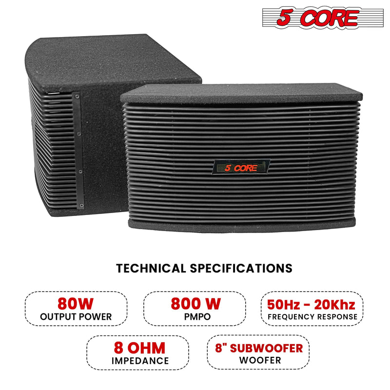 5 Core DJ speakers 8" PA Speaker System 80W RMS PA System Tough ABS Cabinet Speakon Connection 8 Ohm Portable Sound System w Subwoofer -Ventilo 890-4