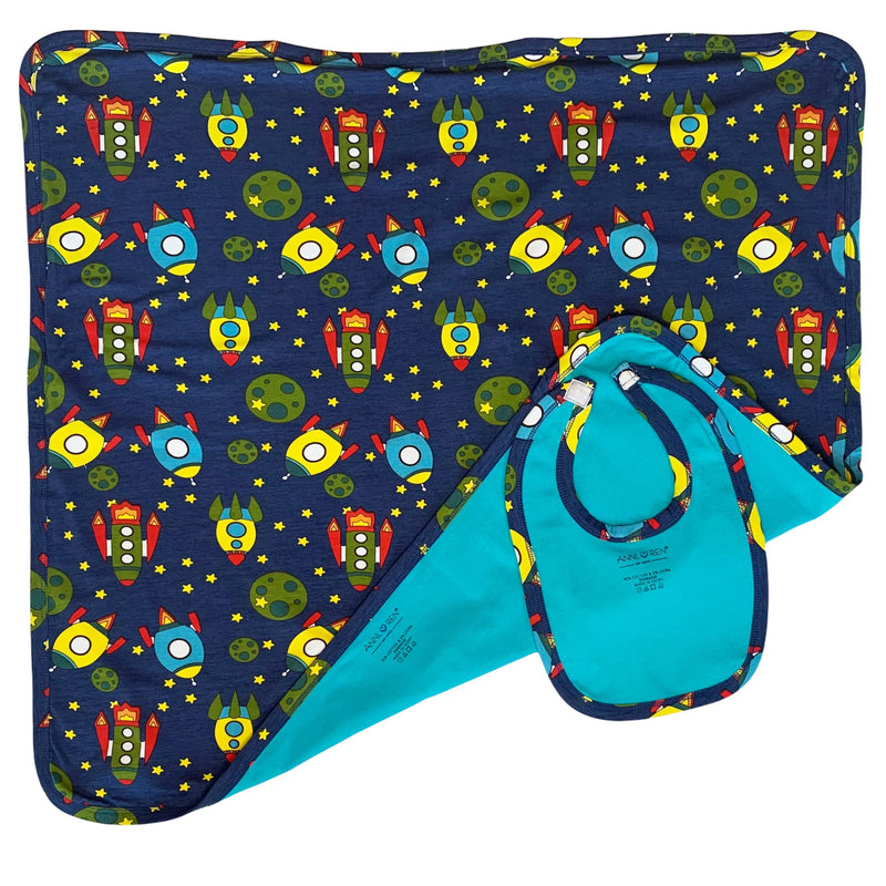 AnnLoren Baby Toddler Boy Space Ship Blanket & Bib Gift Set 2 pc Knit Cotton-2