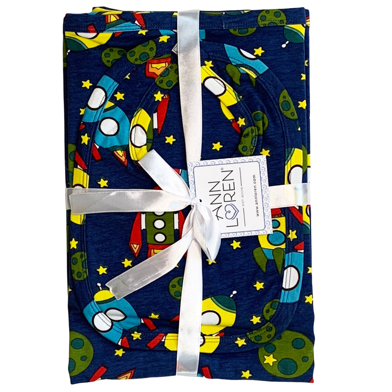 AnnLoren Baby Toddler Boy Space Ship Blanket & Bib Gift Set 2 pc Knit Cotton-1