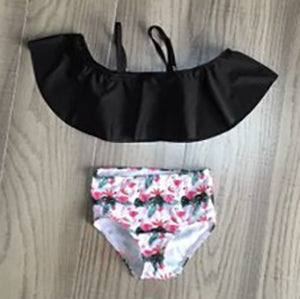 AL Limited Girls 2 piece Black Ruffle Top Pink Flamingos Bikini bathing suit-4