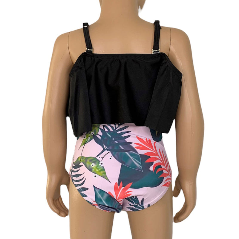 Girls 2 piece Black Ruffle Pink Tropical Bikini bathing suit-1