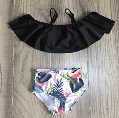 Girls 2 piece Black Ruffle Pink Tropical Bikini bathing suit-2