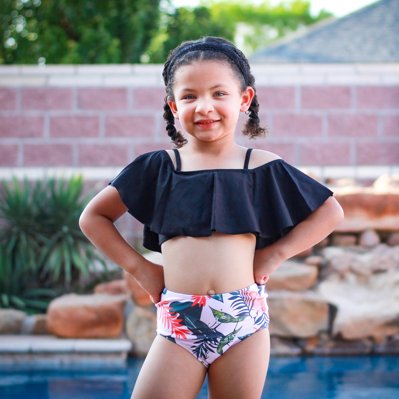 Girls 2 piece Black Ruffle Pink Tropical Bikini bathing suit-6