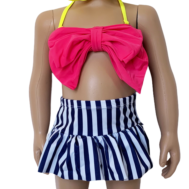 AL Limited Girls 3 piece Striped Skirt Hot Pink bathing suit-1