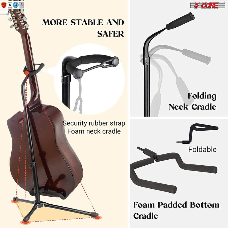 5 Core Guitar Stand Floor Adjustable 28.3- 33" Tall Tripod Guitar Holder Universal Upright Classical Folding Guitar Support for Acoustic Electric Bass Accessories Banjo Stands w Neck Holder -GSH HD-6