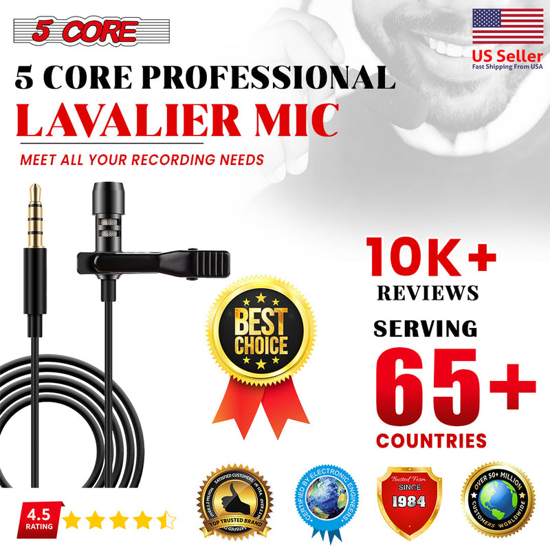 5 Core Professional Lavalier Lapel Microphone Black | Omnidirectional Condenser Mic for Smartphone, Camera, and More| Recording Mic for Youtube, Interview, Podcast, Reporting- CM MOB 2M-8