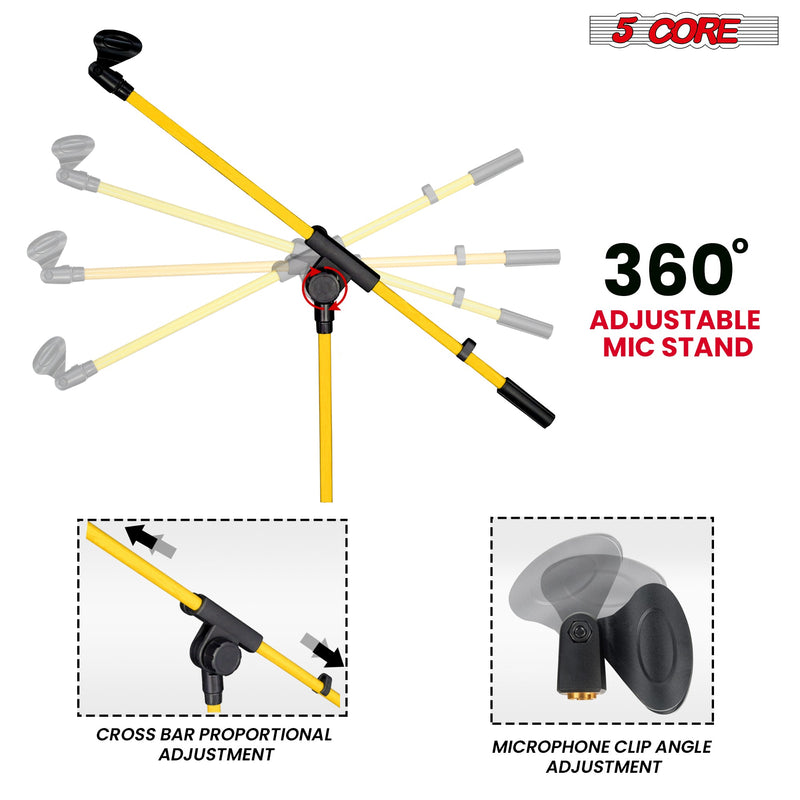 5 Core Mic Stand Yellow 1 Piece Collapsible Height Adjustable Up to 6ft Metal Microphone Tripod Stand w Boom Arm Para Microfono for Singing Karaoke Speech Stage Recording - MS 080 YLW-3