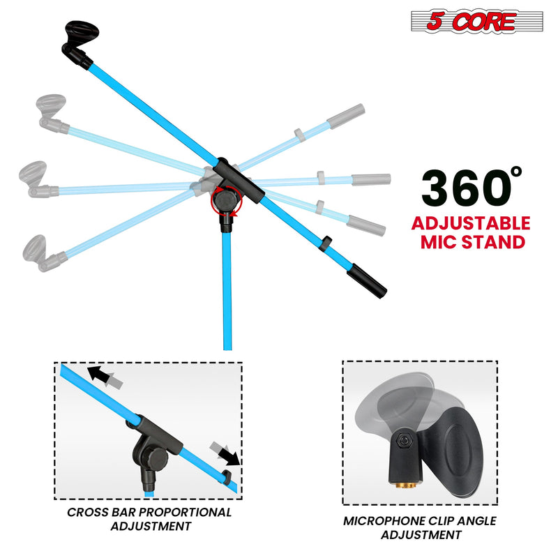 5 Core Mic Stand Sky Blue 1 Piece Collapsible Height Adjustable Up to 6ft Metal Microphone Tripod Stand w Boom Arm Para Microfono for Singing Karaoke Speech Stage Recording - MS 080 SKY BLU-2