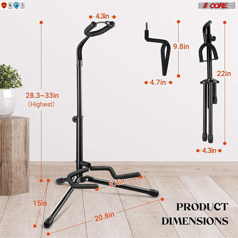 5 Core Guitar Stand Floor Adjustable 28.3- 33" Tall Tripod Guitar Holder Universal Upright Classical Folding Guitar Support for Acoustic Electric Bass Accessories Banjo Stands w Neck Holder -GSH HD-7