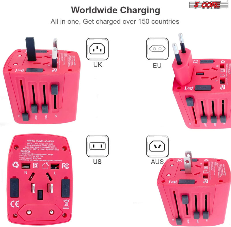 5 Core 3 Pieces Charger Universal Adapter Multi Outlet Port 4 USB Phone Power All in One Multi Cable Multiple Phone Charge 2.1 Amp Wall Plug White, Red & Black UTA 3pcs BRW-12