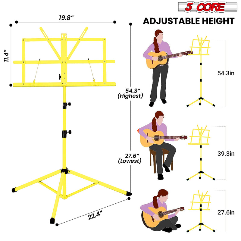 5 Core Music Stand, 2 in 1 Dual-Use Adjustable Folding Sheet Stand Yellow / Metal Build Portable Sheet Holder / Carrying Bag, Music Clip and Stand Light Included - MUS FLD YLW-2