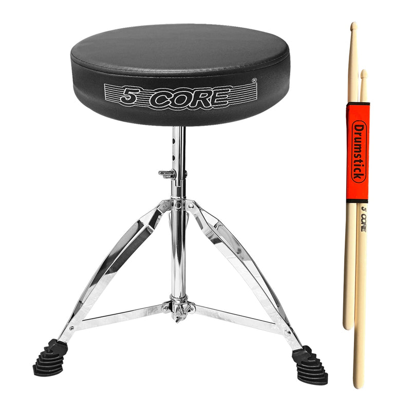 5 Core Drum Throne Black| Height Adjustable Padded Seat Drum Stool| Folding Portable Drummer Throne with Anti-Slip Feet| with two Drumsticks, Drum Chair for Kids and Adults- DS CH BLK-0