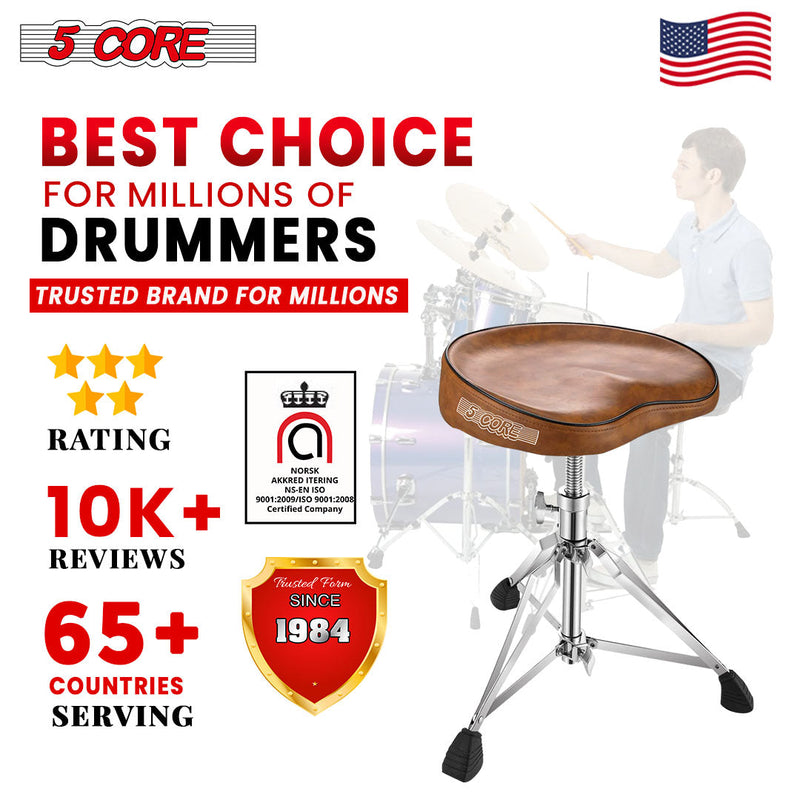 5 Core Drum Throne Thick Padded Comfortable Guitar Stool with Memory Foam Heavy Duty Adjustable Padded Keyboard Chair Metal Piano Stool Premium Musician Chair Brown - DS CH BR SDL HD-10