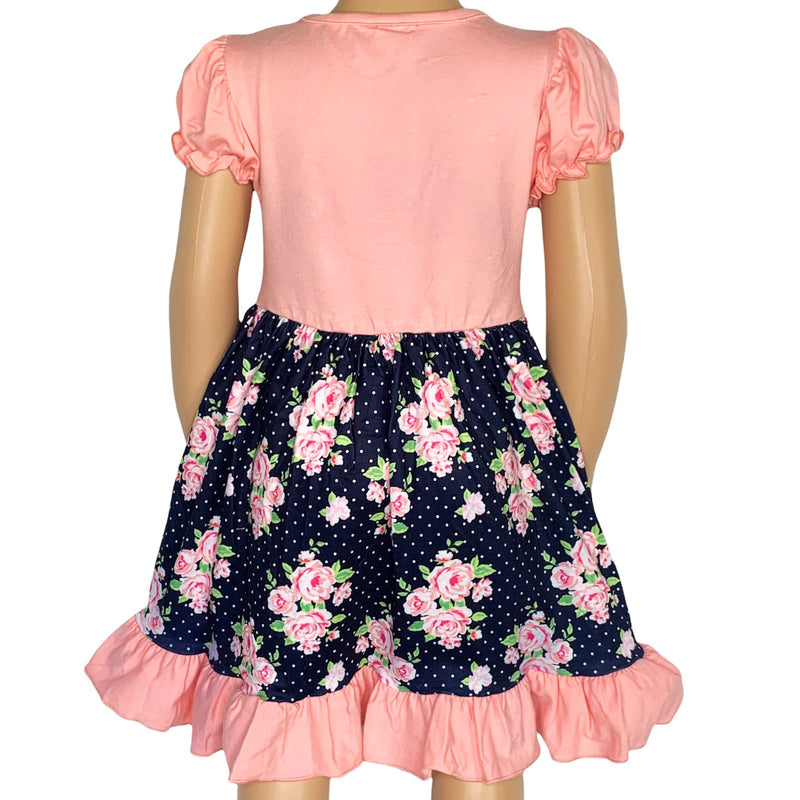 Girls Pink & Blue Floral Bouquet Short Sleeve ruffle Party Dress-6