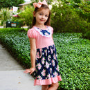 Girls Pink & Blue Floral Bouquet Short Sleeve ruffle Party Dress-1