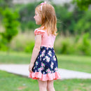 Girls Pink & Blue Floral Bouquet Short Sleeve ruffle Party Dress-7