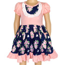 Girls Pink & Blue Floral Bouquet Short Sleeve ruffle Party Dress-0