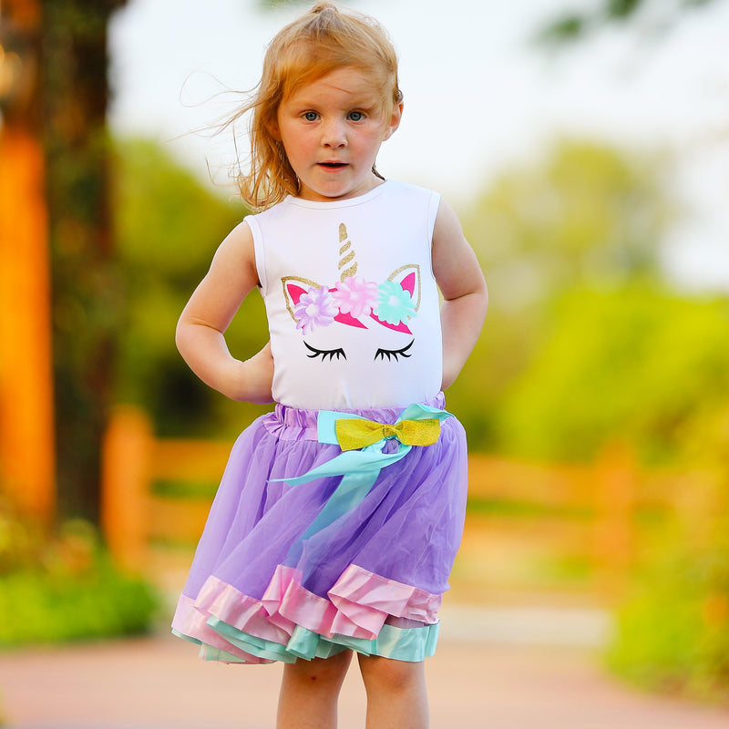 Girls Unicorn Tank Top and  Purple Tulle Skirt Spring Outfit Set-3