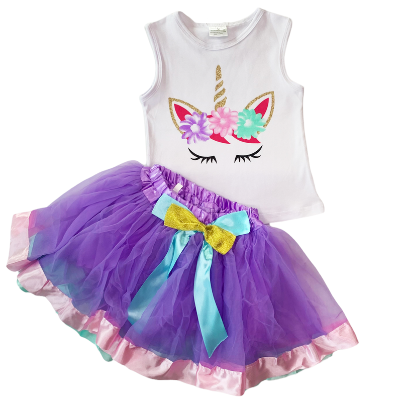 Girls Unicorn Tank Top and  Purple Tulle Skirt Spring Outfit Set-2