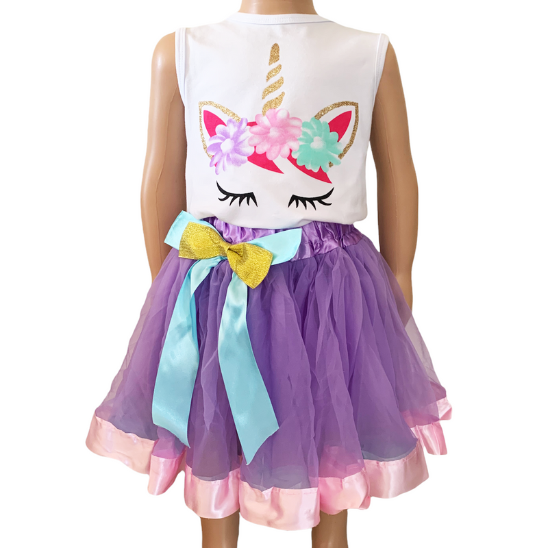 Girls Unicorn Tank Top and  Purple Tulle Skirt Spring Outfit Set-0