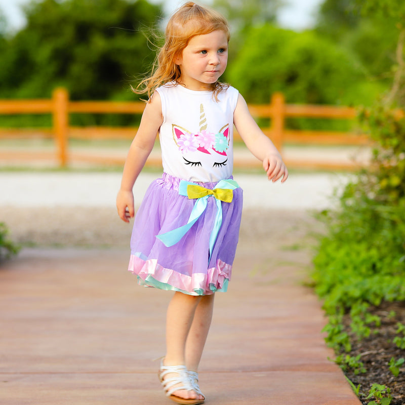 Girls Unicorn Tank Top and  Purple Tulle Skirt Spring Outfit Set-4