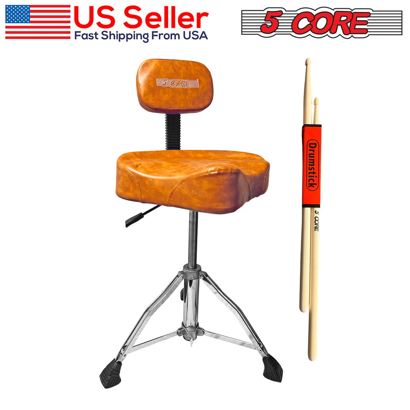 5 Core Drum Throne with Backrest Brown Thick Padded Saddle Drum Seat Comfortable Motorcycle Style Drum Chair Stool Air Adjustable Double Braced Tripod Legs for Drummers - DS CH BR REST-LVR-1