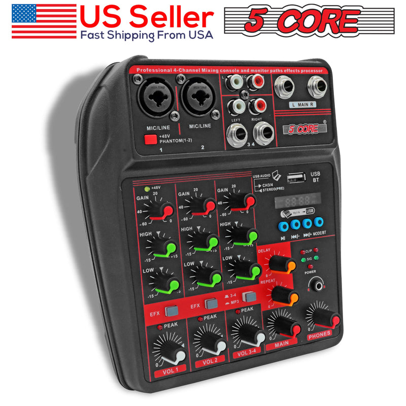 5 Core Audio Mixer Dj Mixer 4 Channel Sound Board w Built-in Effects & Usb Interface Bluetooth Reliale Karaoke Podcast Music Mixer -MX 4CH-11