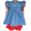 Girls Blue Chambray Apple top with Red polka Dot Ruffle Shorts Back to School-2