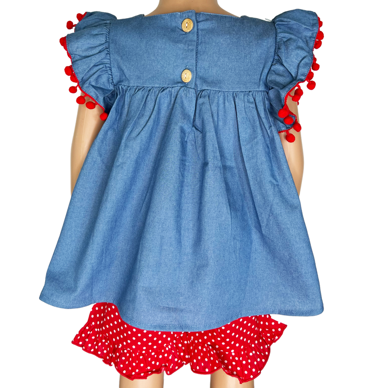 Girls Blue Chambray Apple top with Red polka Dot Ruffle Shorts Back to School-2