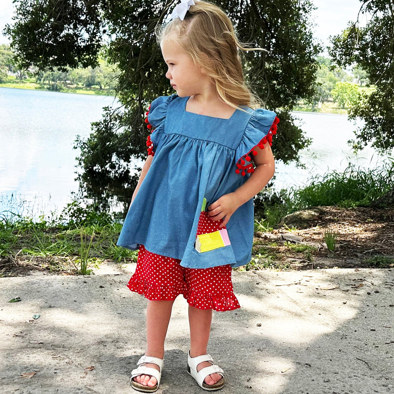 Girls Blue Chambray Apple top with Red polka Dot Ruffle Shorts Back to School-3