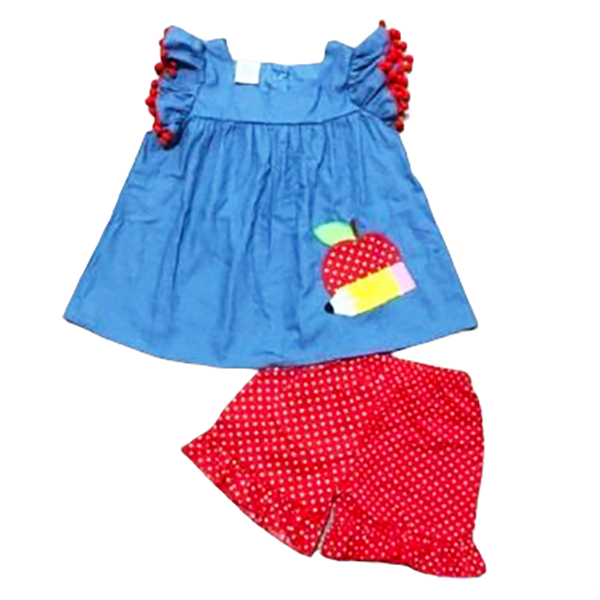 Girls Blue Chambray Apple top with Red polka Dot Ruffle Shorts Back to School-1