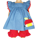 Girls Blue Chambray Apple top with Red polka Dot Ruffle Shorts Back to School-0