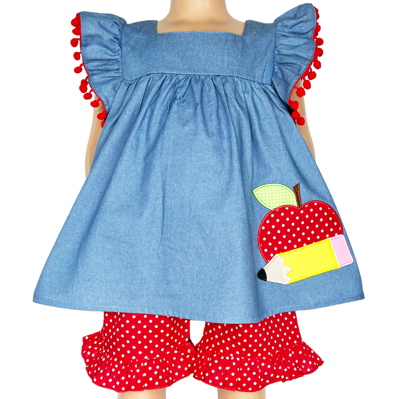 Girls Blue Chambray Apple top with Red polka Dot Ruffle Shorts Back to School-0